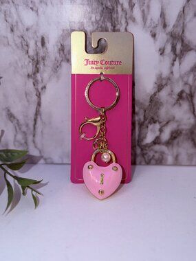 Juicy Couture Pink Heart Lock Keychain Gold Tone Bag Charm w Pearl